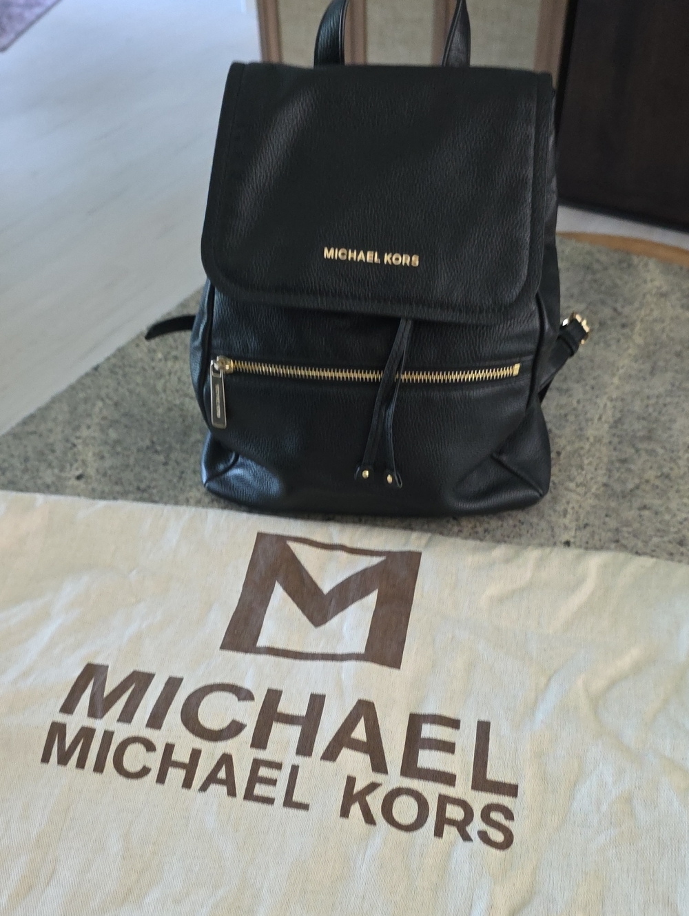 Michael Kors Black Pebble Leather Backpack with Gold Hardware